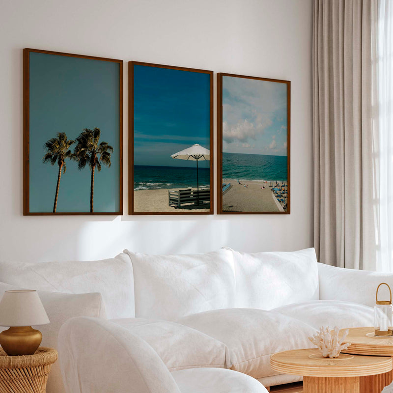 Multi Piece Wall Art – Beach Umbrella, Palms & Shoreline (Set of 3) - Dark Brown Framed Poster No Border - Artworksets