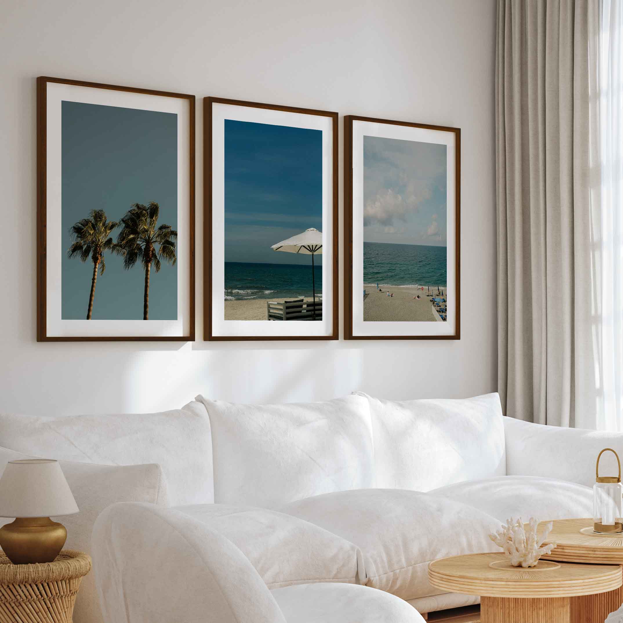 Multi Piece Wall Art – Beach Umbrella, Palms & Shoreline (Set of 3) - Dark Brown Framed Poster with White Border - Artworksets