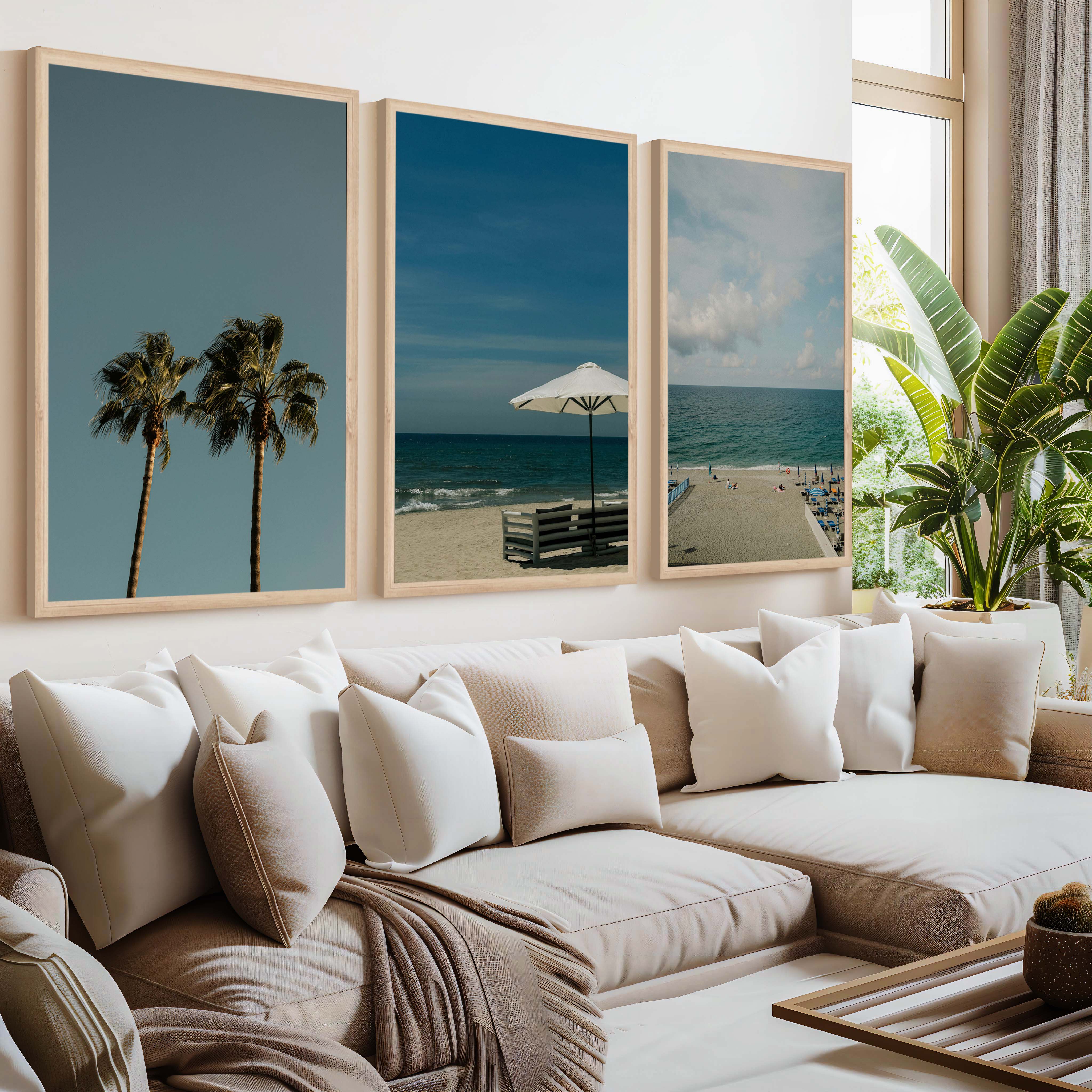 Multi Piece Wall Art – Beach Umbrella, Palms & Shoreline (Set of 3) - Natural Wood Framed Poster No Border - Artworksets