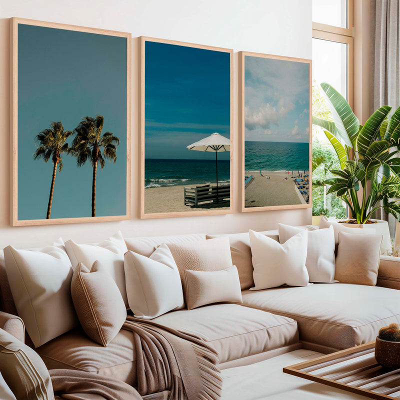 Multi Piece Wall Art – Beach Umbrella, Palms & Shoreline (Set of 3) - Natural Wood Framed Poster No Border - Artworksets