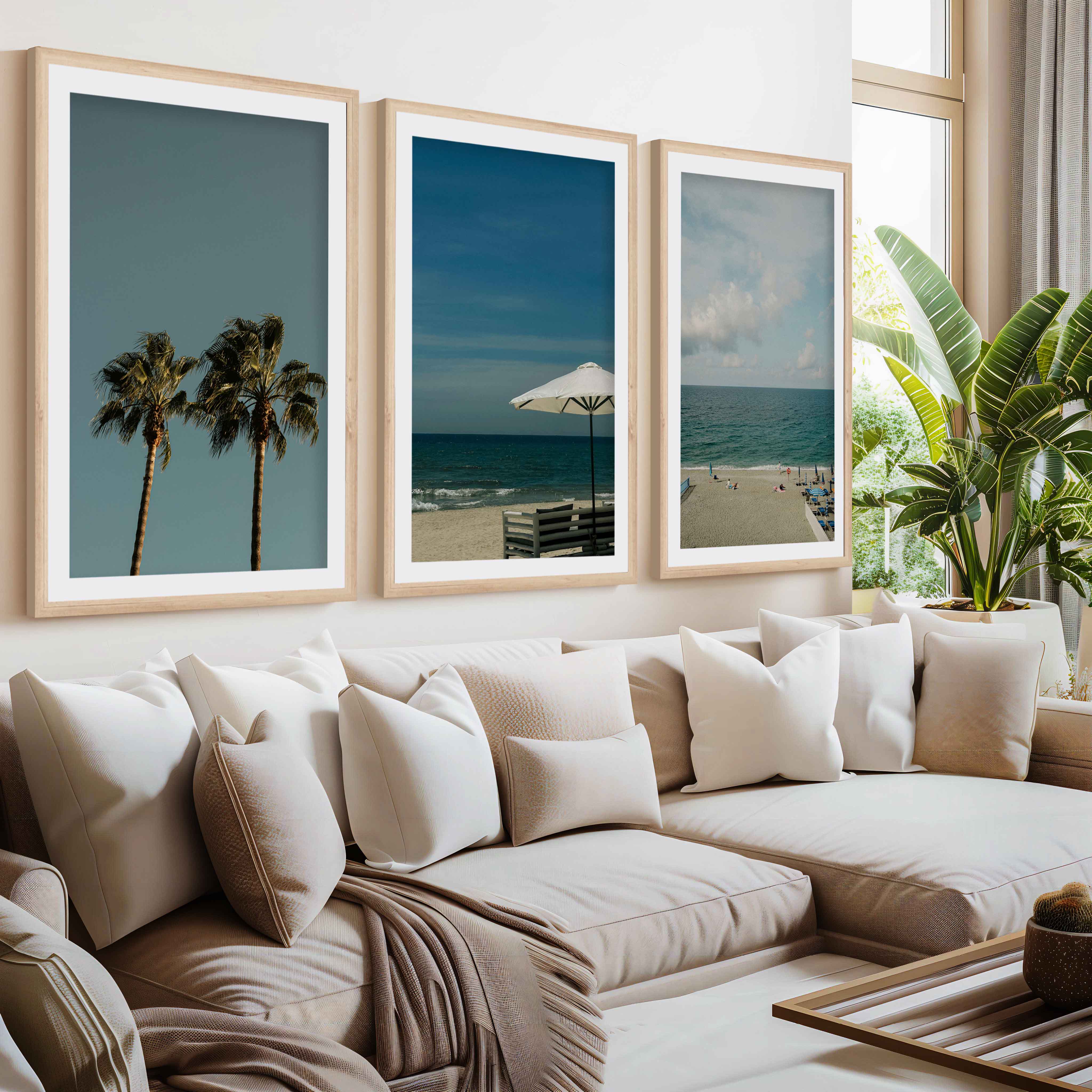 Multi Piece Wall Art – Beach Umbrella, Palms & Shoreline (Set of 3)- Natural Wood Framed Poster with White Border - Artworksets