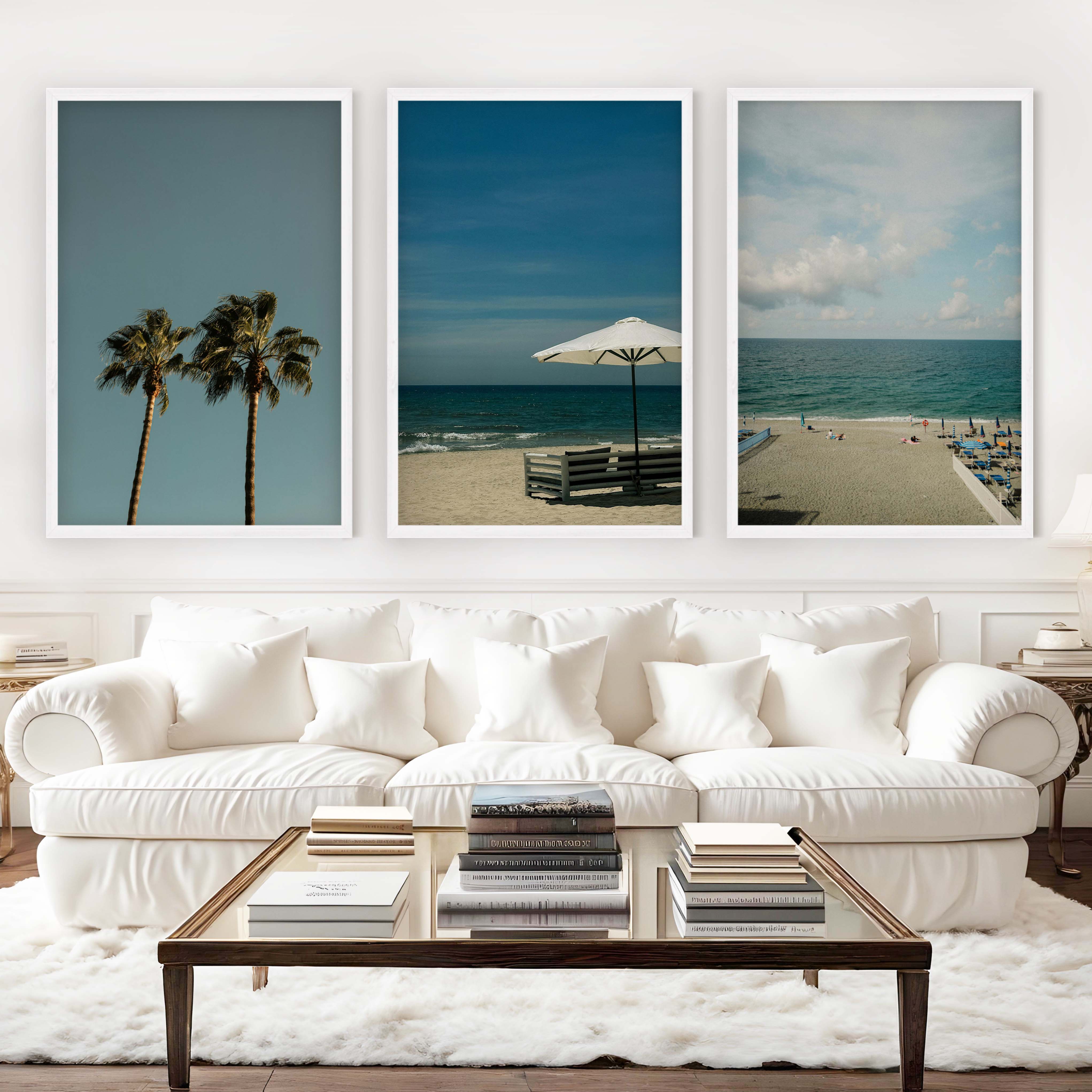 Multi Piece Wall Art – Beach Umbrella, Palms & Shoreline (Set of 3) - White Framed Poster No Border - Artworksets