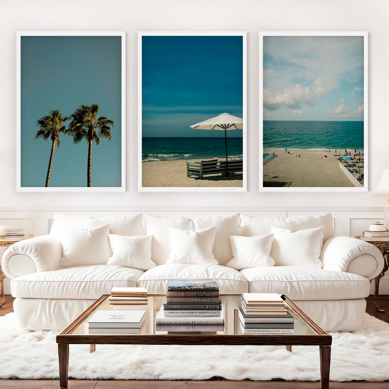Multi Piece Wall Art – Beach Umbrella, Palms & Shoreline (Set of 3) - White Framed Poster No Border - Artworksets