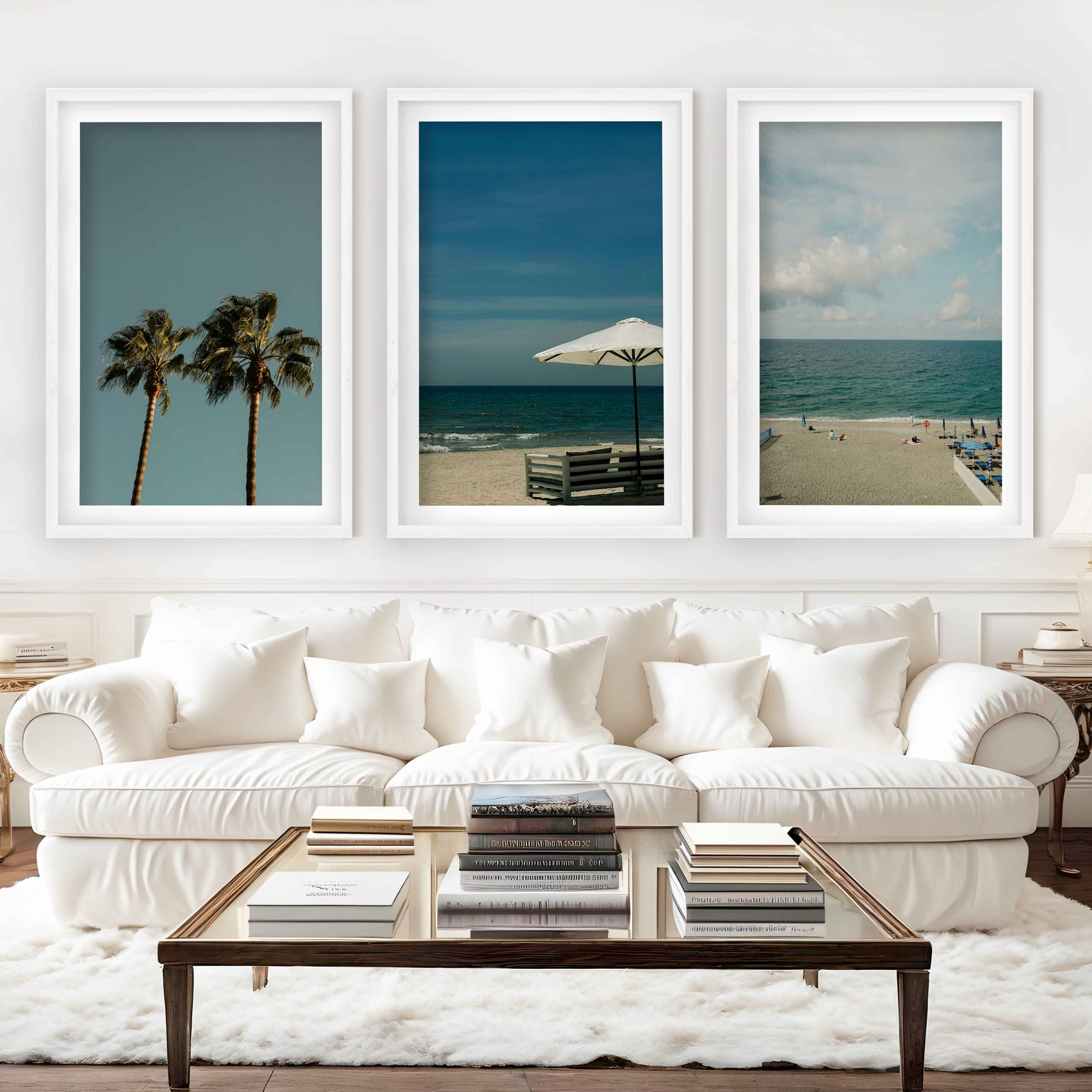 Multi Piece Wall Art – Beach Umbrella, Palms & Shoreline (Set of 3) - White Framed Poster with White Border - Artworksets
