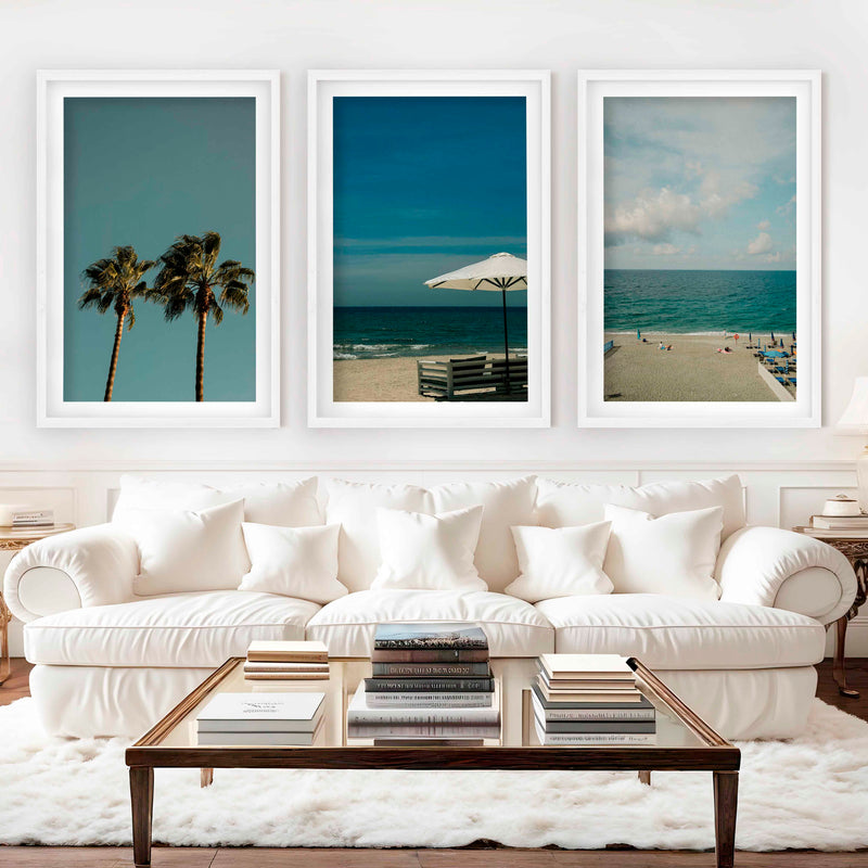 Multi Piece Wall Art – Beach Umbrella, Palms & Shoreline (Set of 3) - White Framed Poster with White Border - Artworksets
