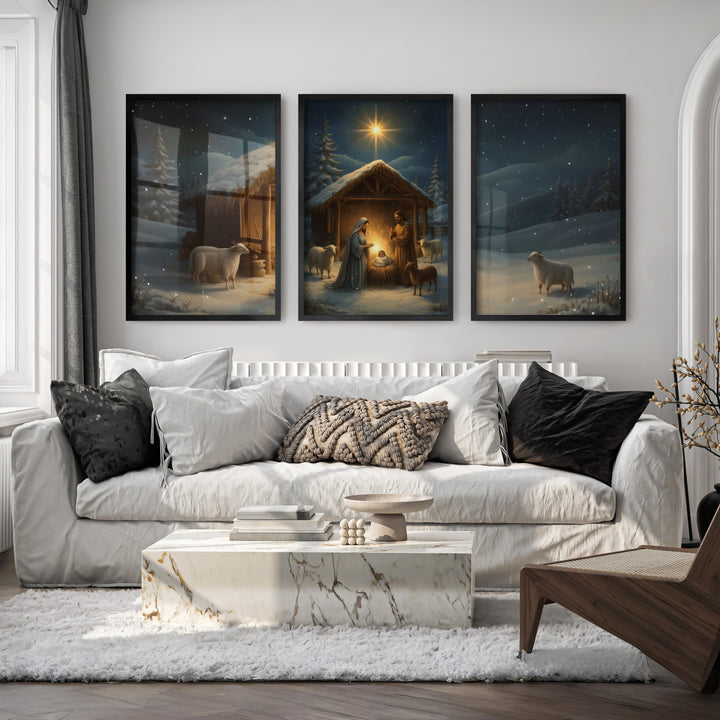Nativity Jesus Birth Wall Art Triptych – Christmas Set - Black Framed Poster No Border - Artworksets
