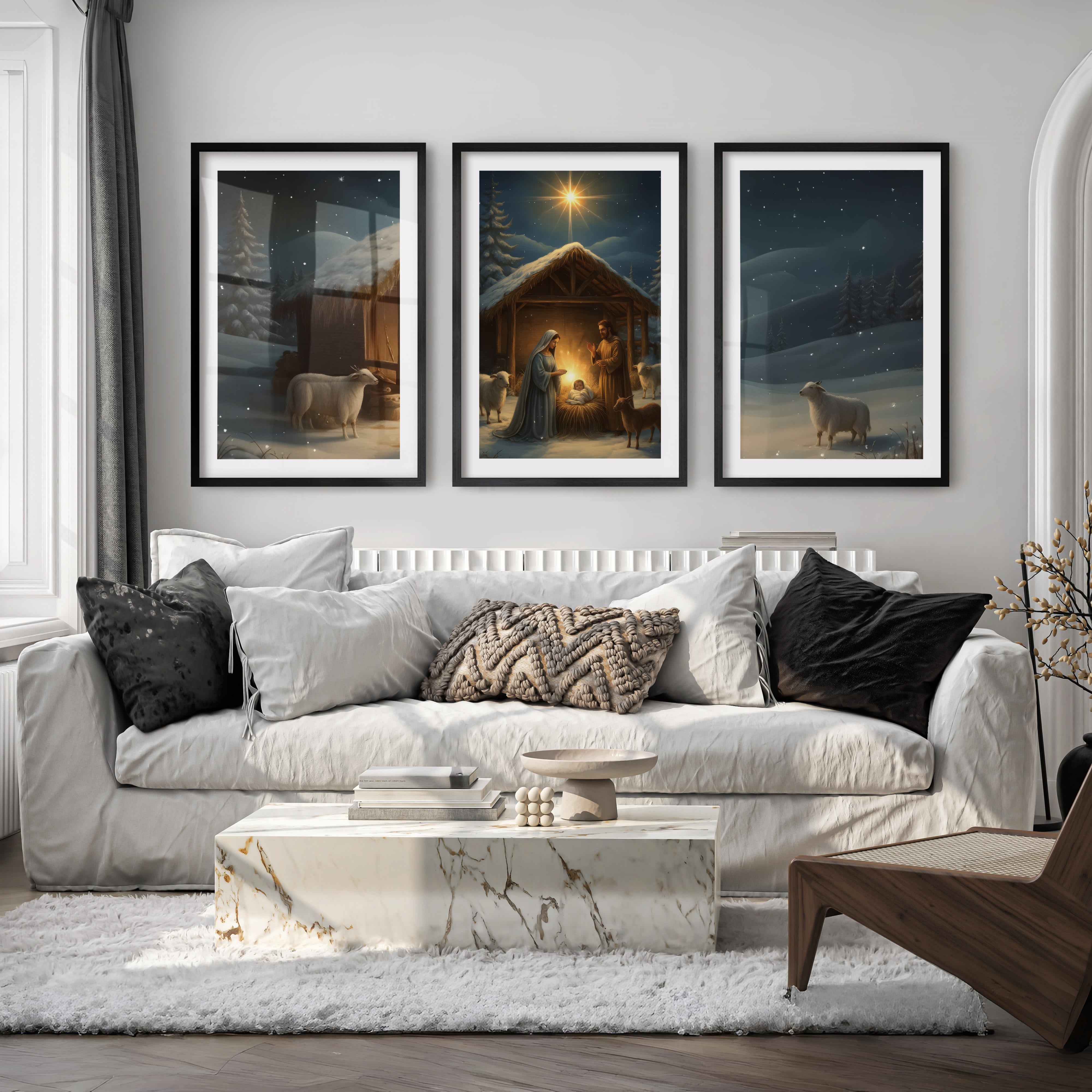 Nativity Jesus Birth Wall Art Triptych – Christmas Set - Black Framed Poster with White Border - Artworksets