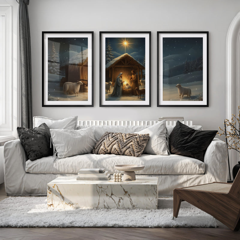 Nativity Jesus Birth Wall Art Triptych – Christmas Set - Black Framed Poster with White Border - Artworksets
