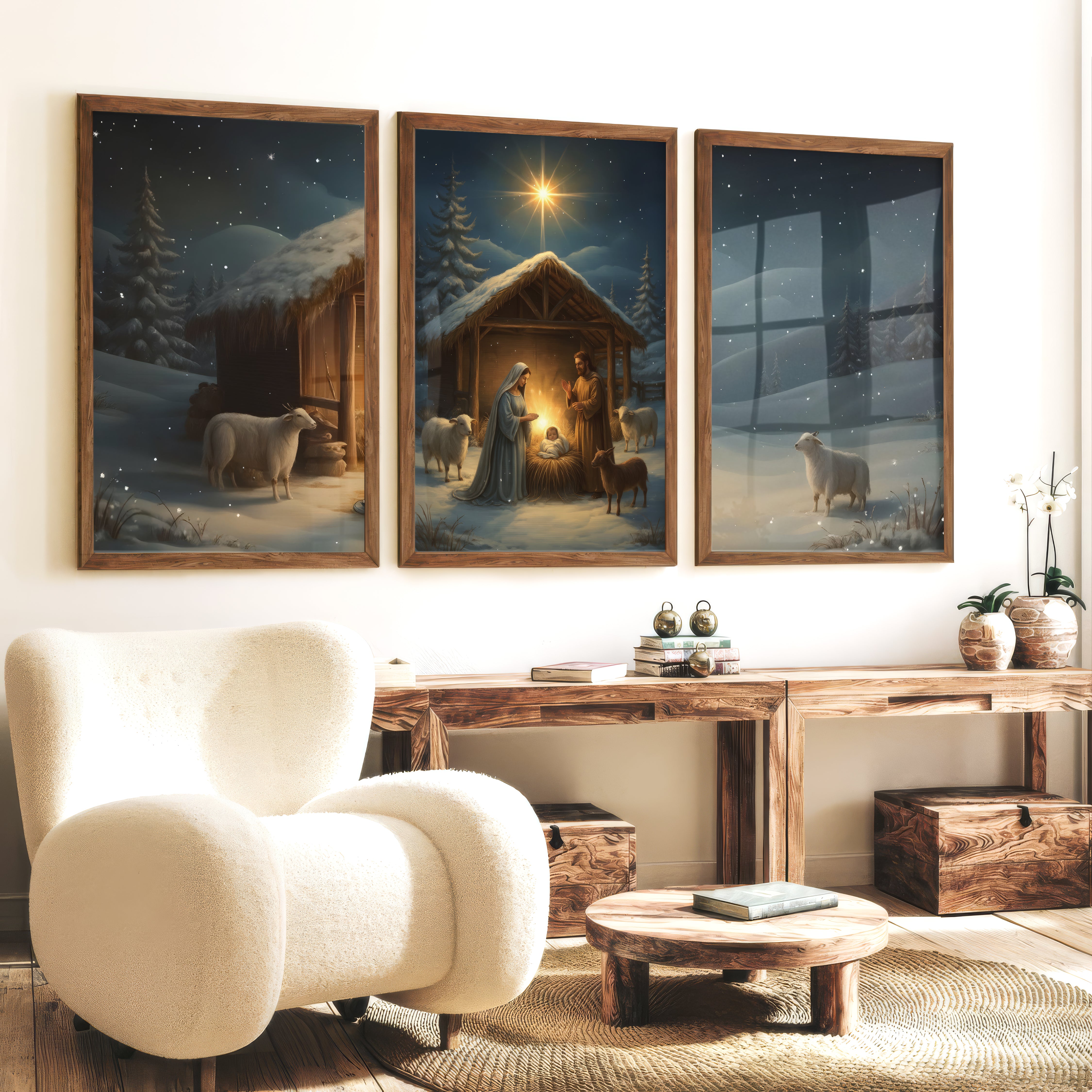 Nativity Jesus Birth Wall Art Triptych – Christmas Set - Dark Brown Framed Poster No Border - Artworksets