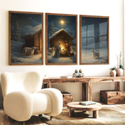 Nativity Jesus Birth Wall Art Triptych – Christmas Set - Dark Brown Framed Poster No Border - Artworksets