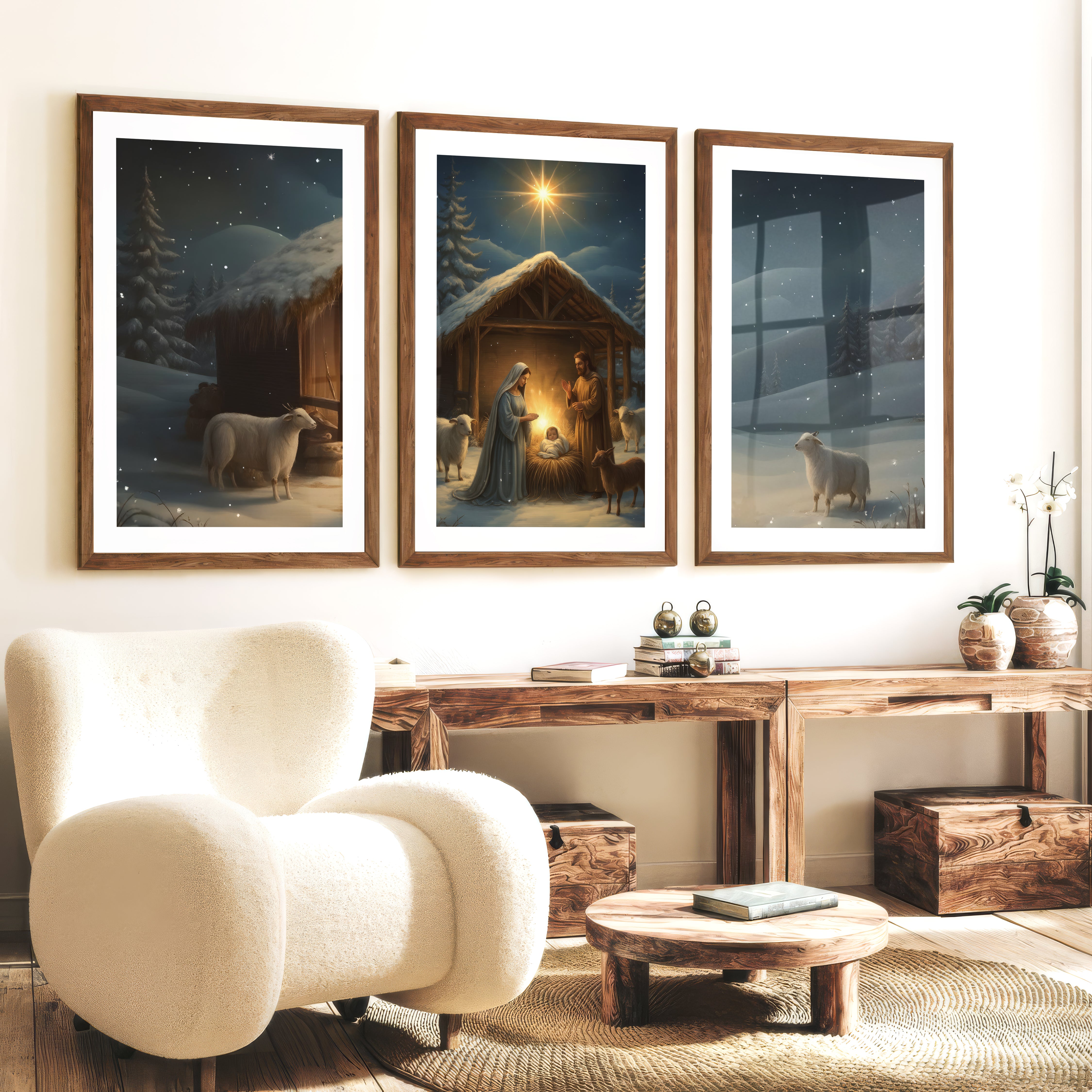 Nativity Jesus Birth Wall Art Triptych – Christmas Set - Dark Brown Framed Poster with White Border - Artworksets