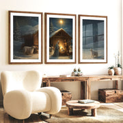 Nativity Jesus Birth Wall Art Triptych – Christmas Set - Dark Brown Framed Poster with White Border - Artworksets