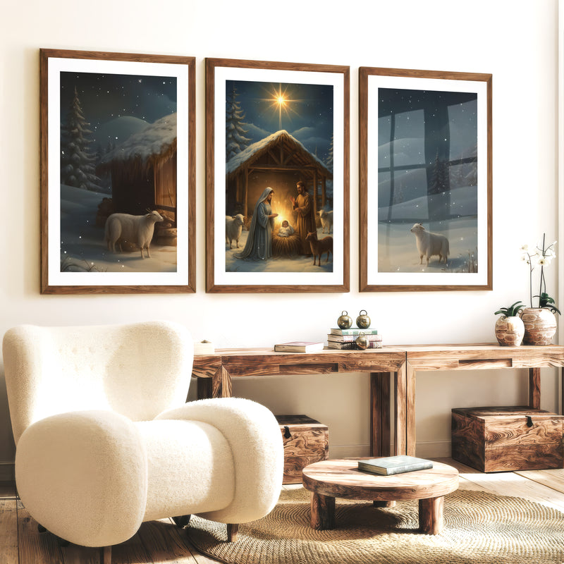 Nativity Jesus Birth Wall Art Triptych – Christmas Set - Dark Brown Framed Poster with White Border - Artworksets