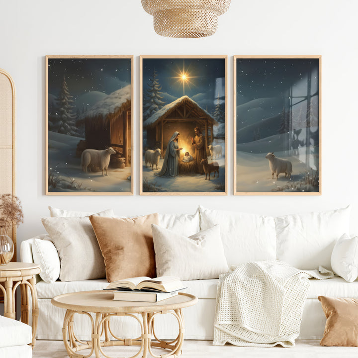 Nativity Jesus Birth Wall Art Triptych – Christmas Set - Natural Wood Framed Poster No Border - Artworksets