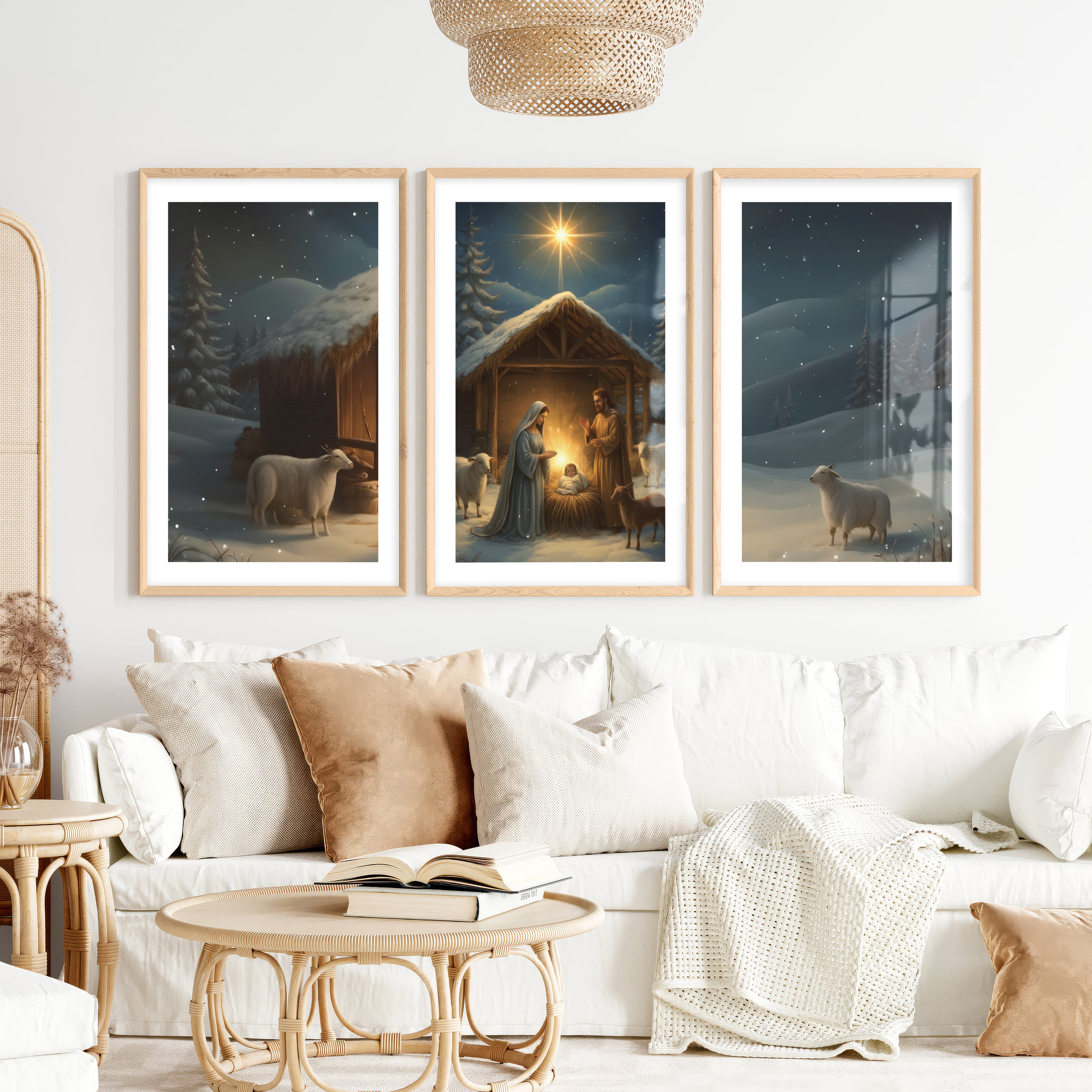 Nativity Jesus Birth Wall Art Triptych – Christmas Set- Natural Wood Framed Poster with White Border - Artworksets