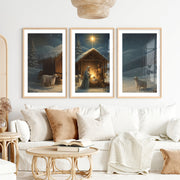 Nativity Jesus Birth Wall Art Triptych – Christmas Set- Natural Wood Framed Poster with White Border - Artworksets