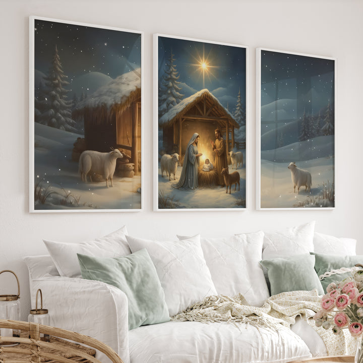 Nativity Jesus Birth Wall Art Triptych – Christmas Set - White Framed Poster No Border - Artworksets