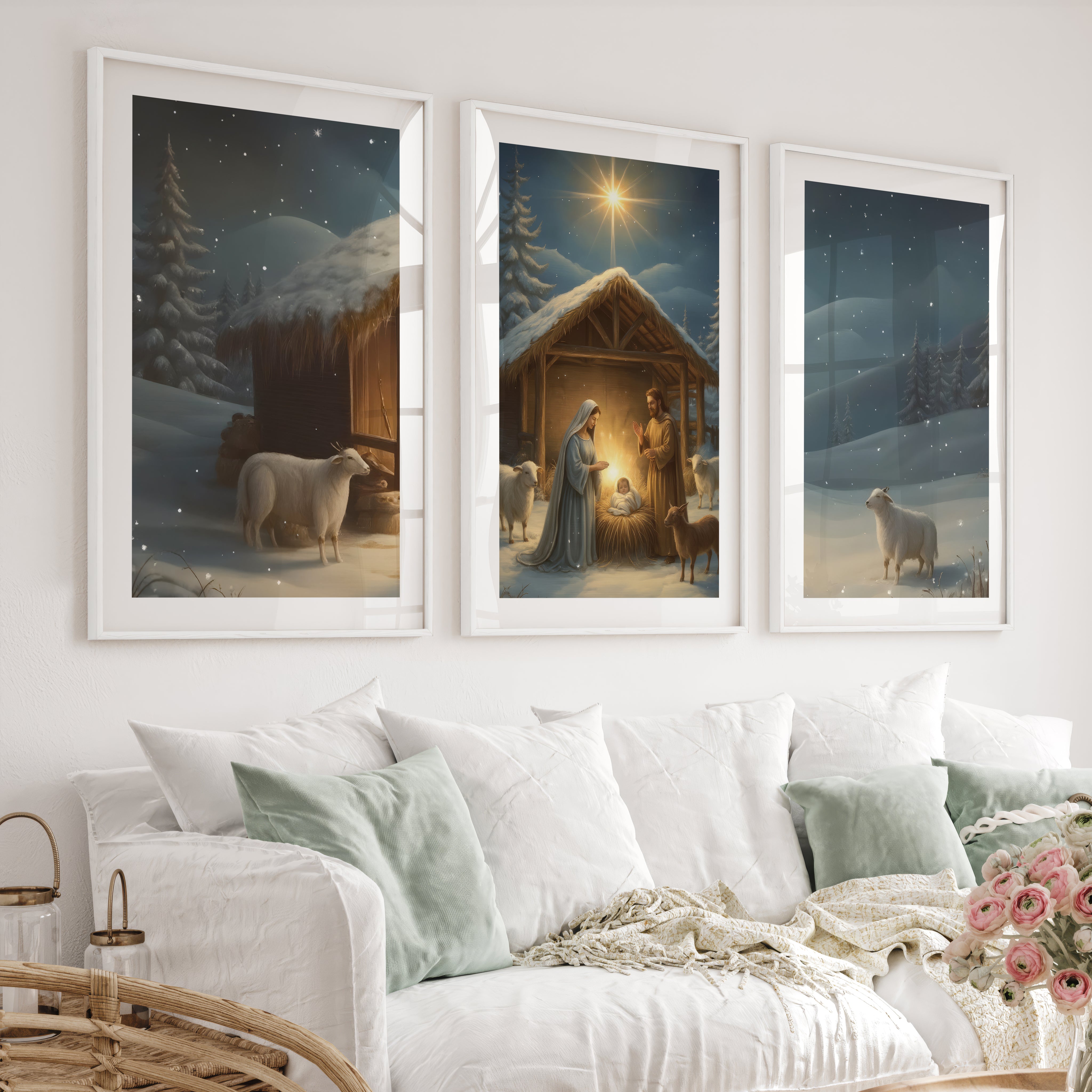 Nativity Jesus Birth Wall Art Triptych – Christmas Set - White Framed Poster with White Border - Artworksets