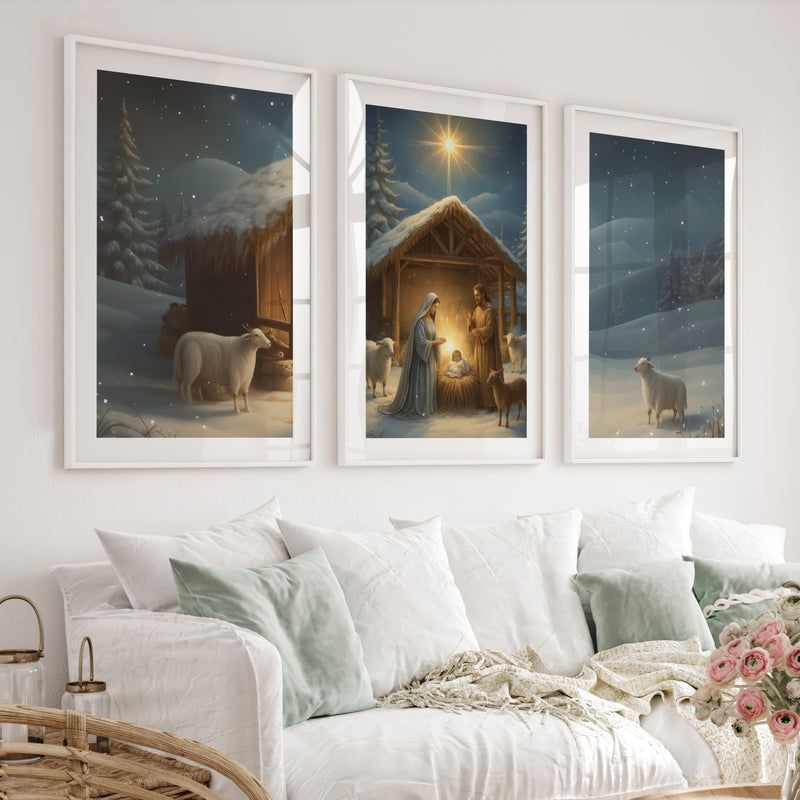 Nativity Jesus Birth Wall Art Triptych – Christmas Set - White Framed Poster with White Border - Artworksets