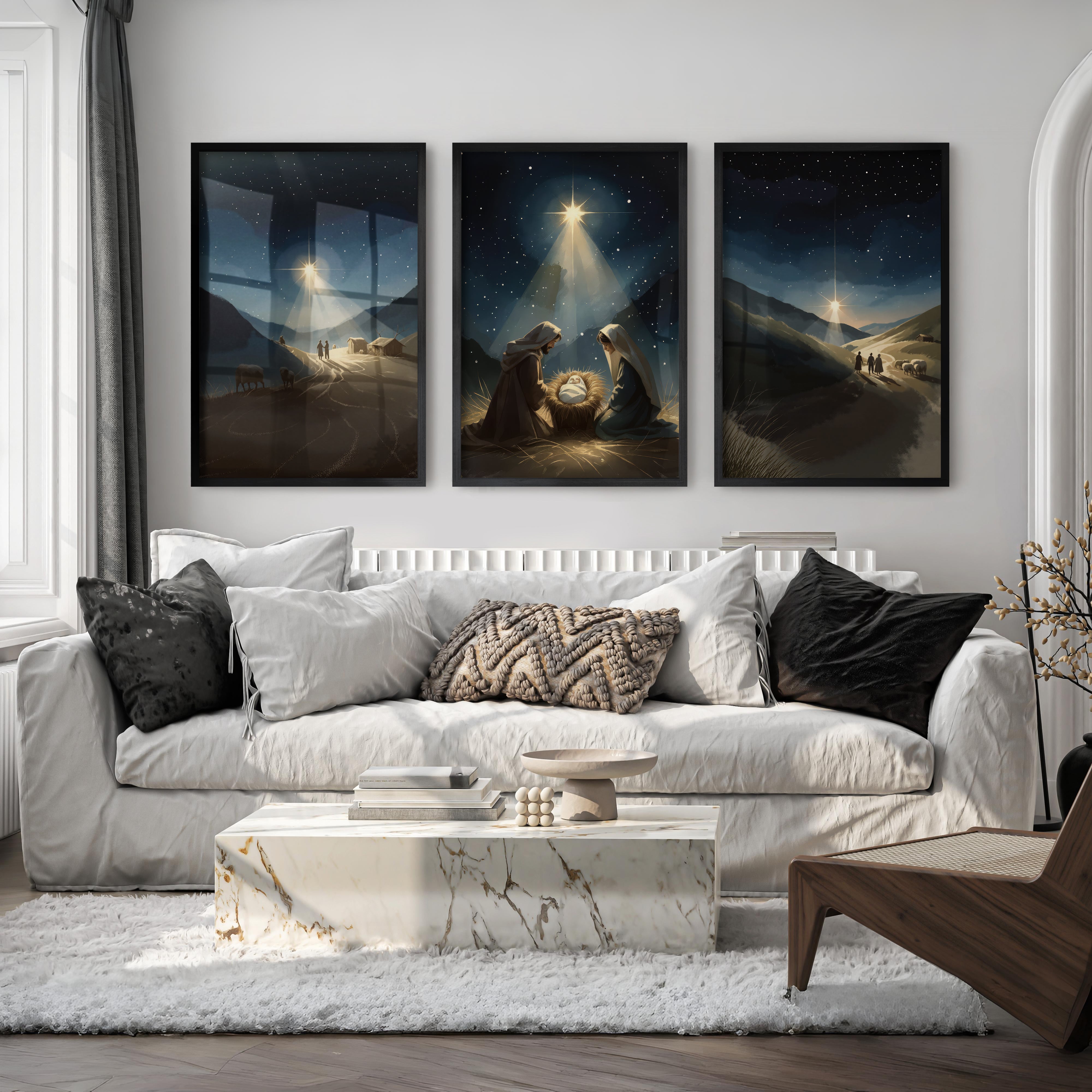 Nativity Scene Holy Night Wall Art Set of 3 - Black Framed Poster No Border - Artworksets