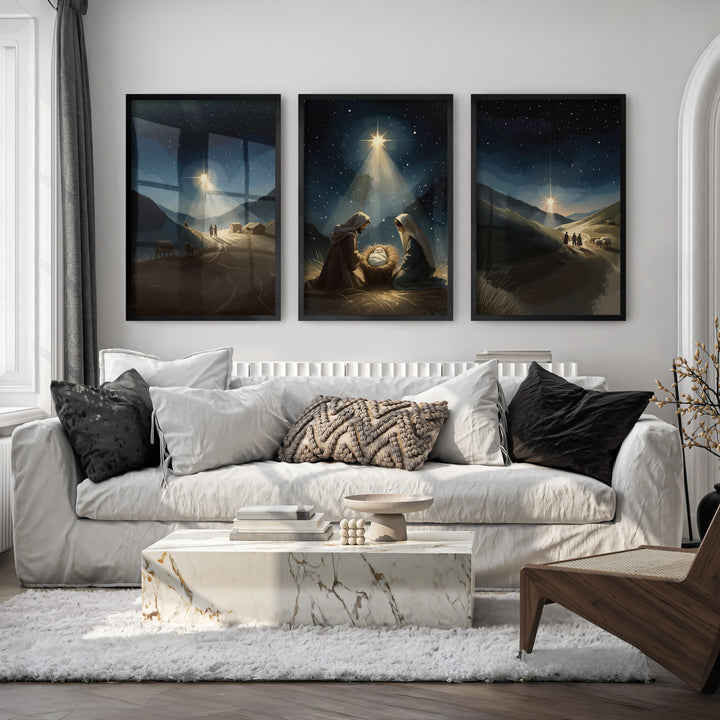 Nativity Scene Holy Night Wall Art Set of 3 - Black Framed Poster No Border - Artworksets
