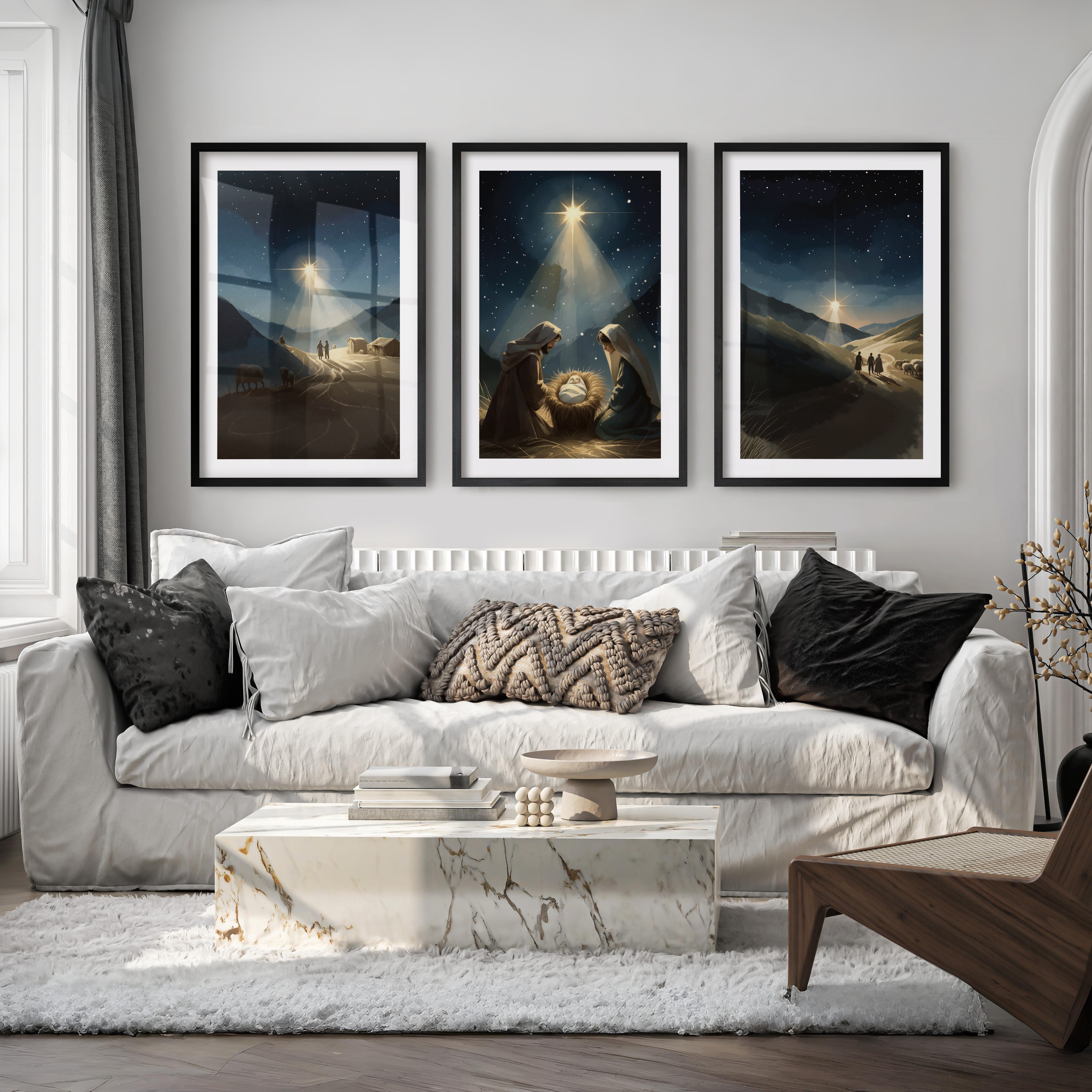 Nativity Scene Holy Night Wall Art Set of 3 - Black Framed Poster with White Border - Artworksets