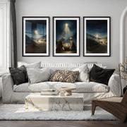 Nativity Scene Holy Night Wall Art Set of 3 - Black Framed Poster with White Border - Artworksets
