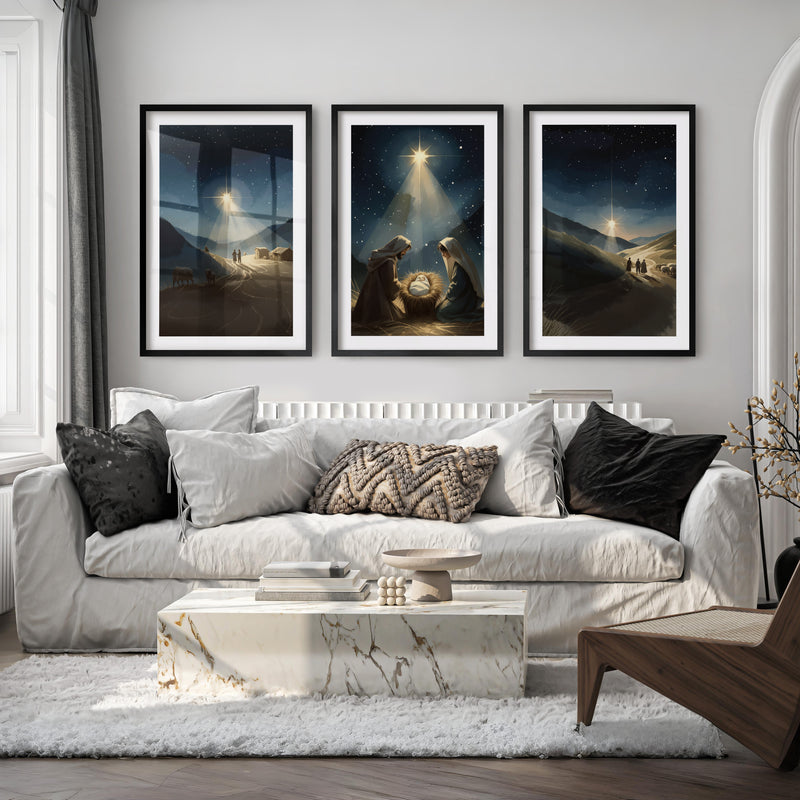 Nativity Scene Holy Night Wall Art Set of 3 - Black Framed Poster with White Border - Artworksets