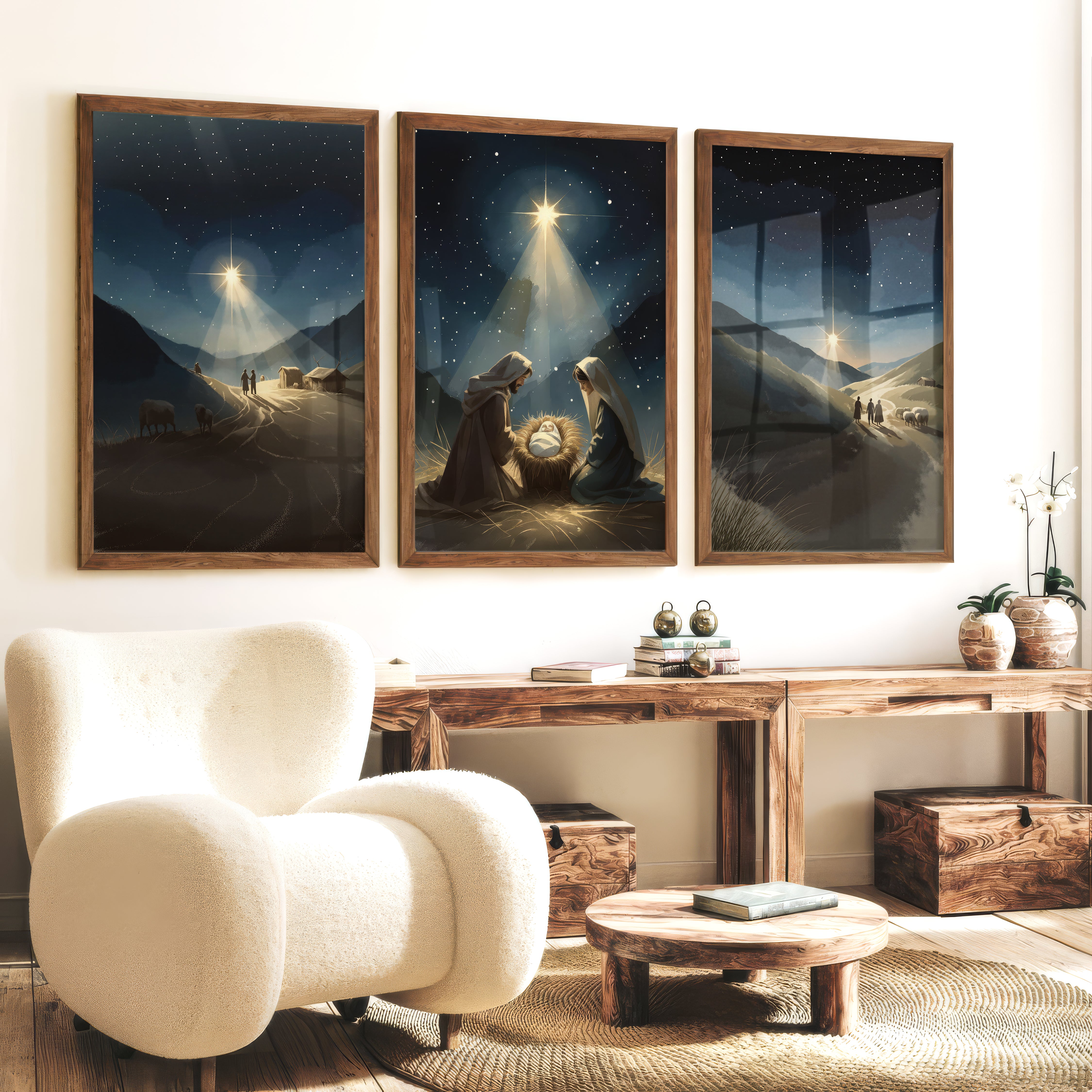 Nativity Scene Holy Night Wall Art Set of 3 - Dark Brown Framed Poster No Border - Artworksets
