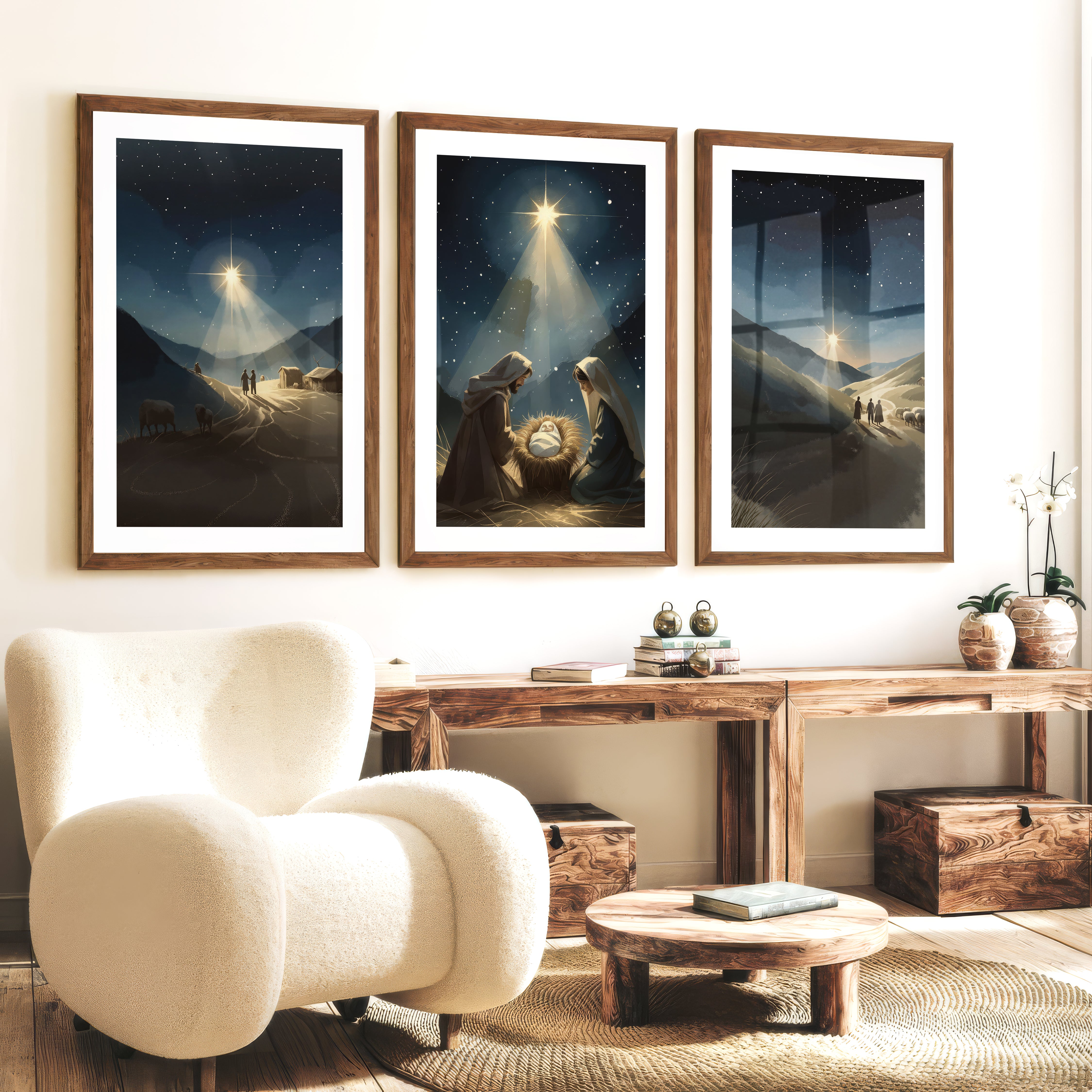 Nativity Scene Holy Night Wall Art Set of 3 - Dark Brown Framed Poster with White Border - Artworksets