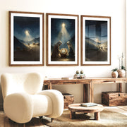 Nativity Scene Holy Night Wall Art Set of 3 - Dark Brown Framed Poster with White Border - Artworksets