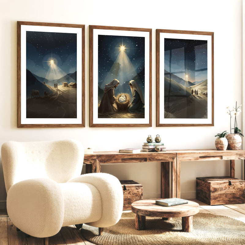 Nativity Scene Holy Night Wall Art Set of 3 - Dark Brown Framed Poster with White Border - Artworksets