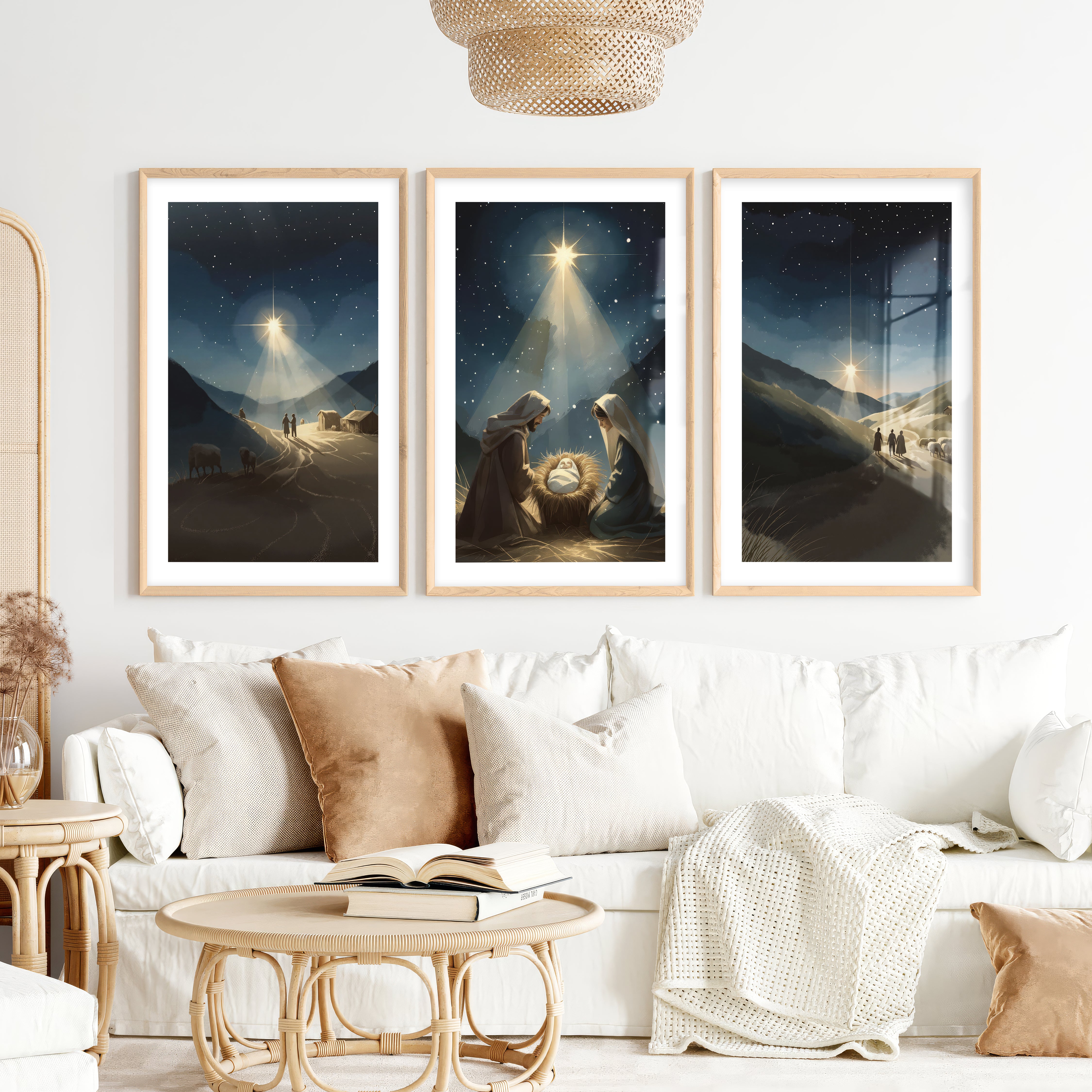 Nativity Scene Holy Night Wall Art Set of 3- Natural Wood Framed Poster with White Border - Artworksets