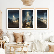Nativity Scene Holy Night Wall Art Set of 3- Natural Wood Framed Poster with White Border - Artworksets