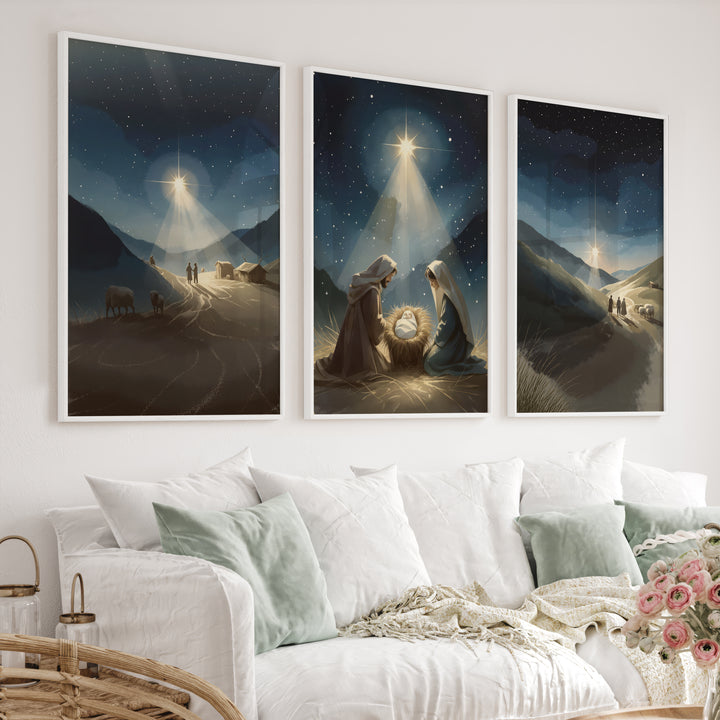 Nativity Scene Holy Night Wall Art Set of 3 - White Framed Poster No Border - Artworksets