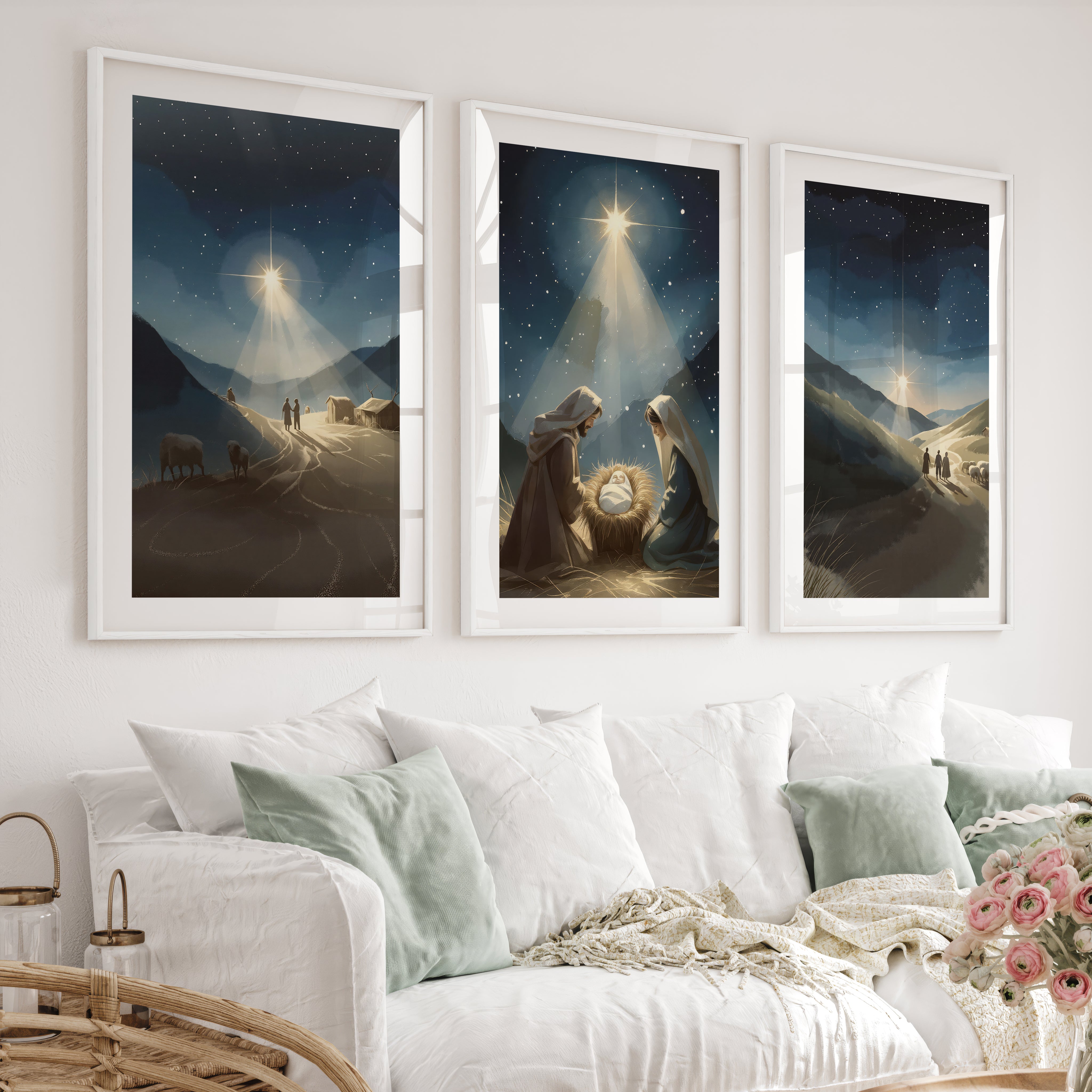 Nativity Scene Holy Night Wall Art Set of 3 - White Framed Poster with White Border - Artworksets