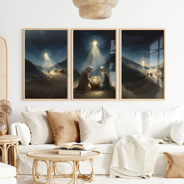 Nativity Scene Holy Night Wall Art Set of 3 - Natural Wood Framed Poster No Border - Artworksets