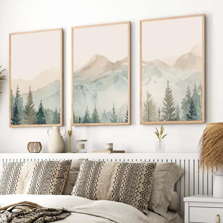 Nature Prints – Modern Minimal Forest Wall Art Set - Natural Wood Framed Poster No Border - Artworksets