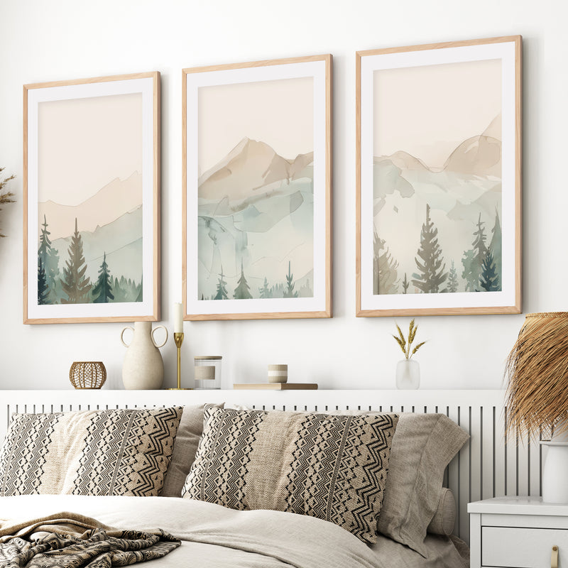 Nature Prints – Modern Minimal Forest Wall Art Set- Natural Wood Framed Poster with White Border - Artworksets