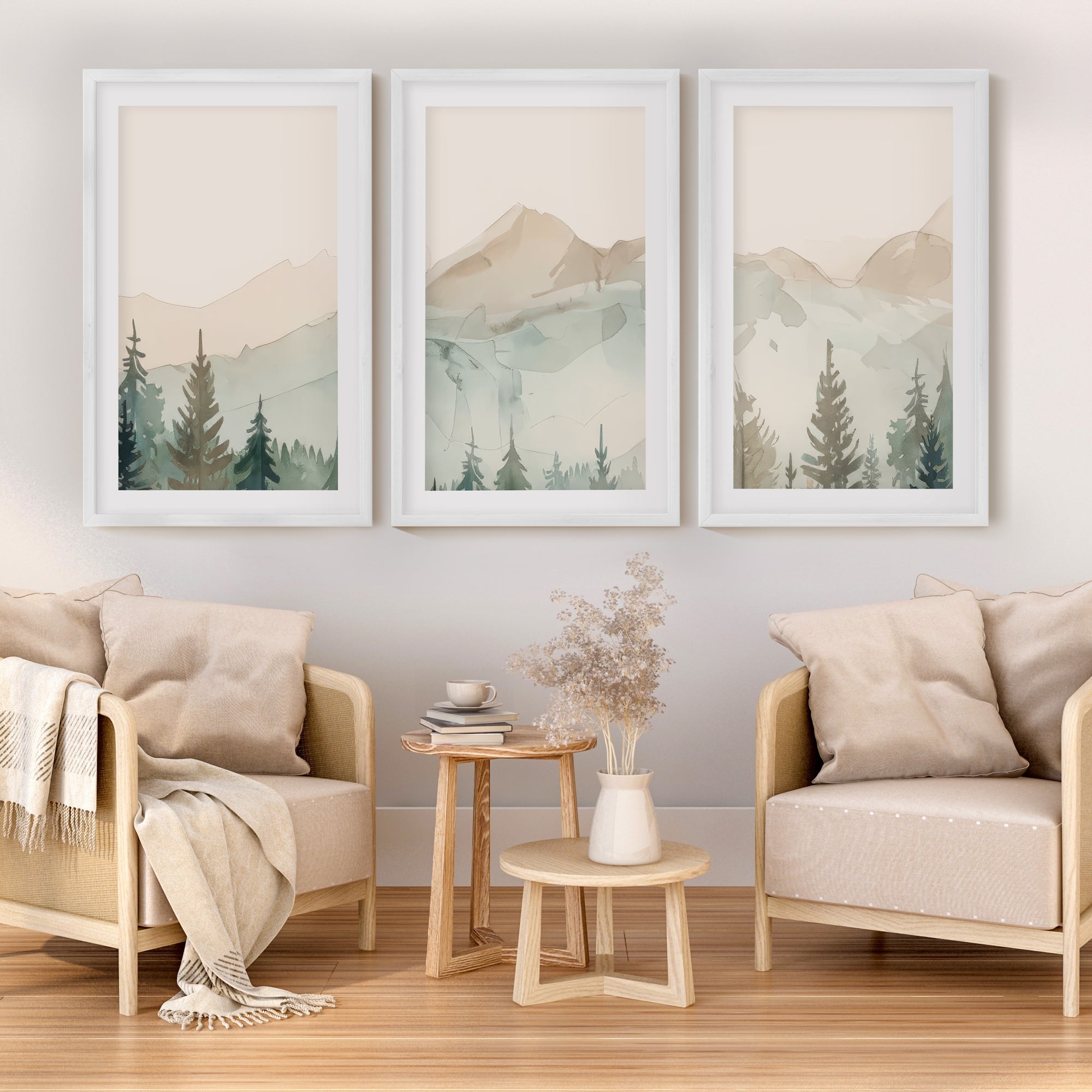 Nature Prints – Modern Minimal Forest Wall Art Set - White Framed Poster with White Border - Artworksets