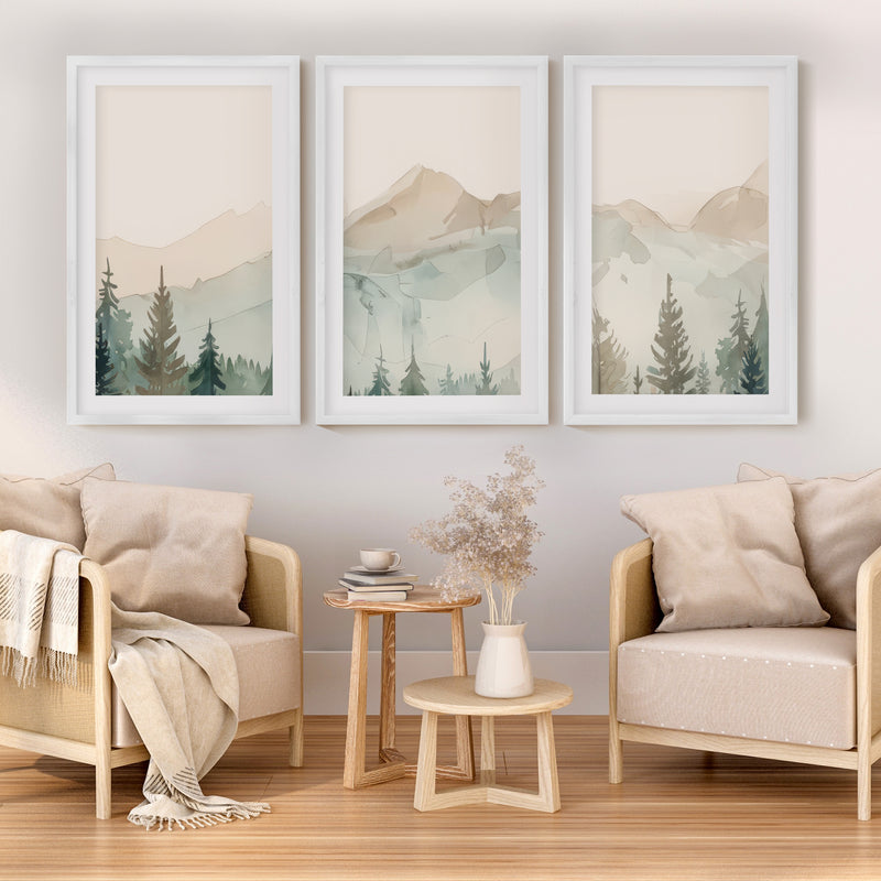 Nature Prints – Modern Minimal Forest Wall Art Set - White Framed Poster with White Border - Artworksets