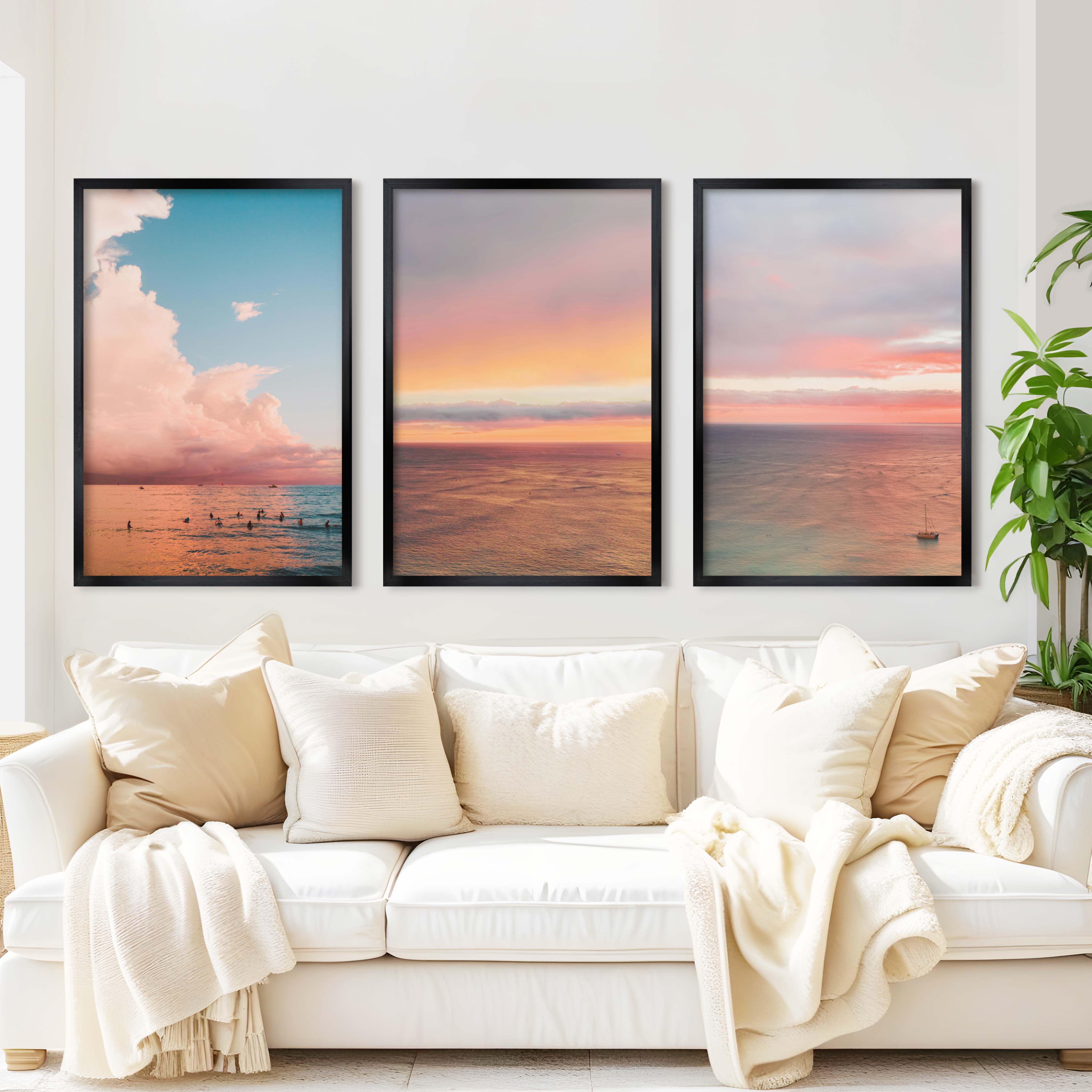 Nautical Art Decor – Sailboat, Pink Sunset & Ocean Calm (Set of 3) - Black Framed Poster No Border - Artworksets