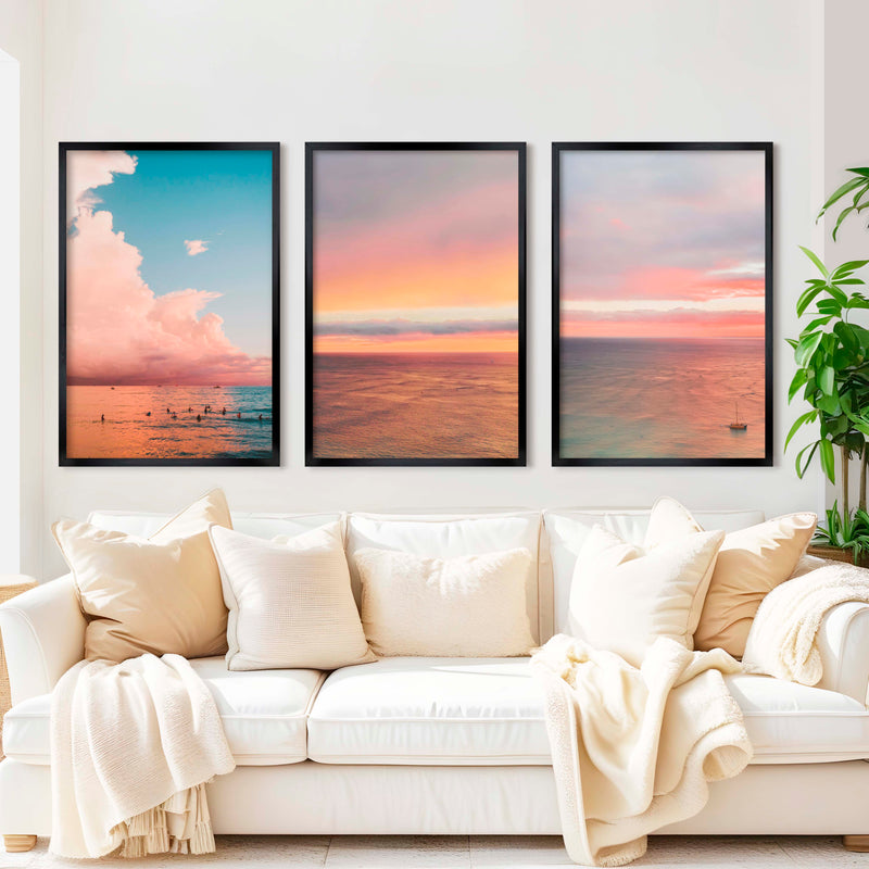 Nautical Art Decor – Sailboat, Pink Sunset & Ocean Calm (Set of 3) - Black Framed Poster No Border - Artworksets
