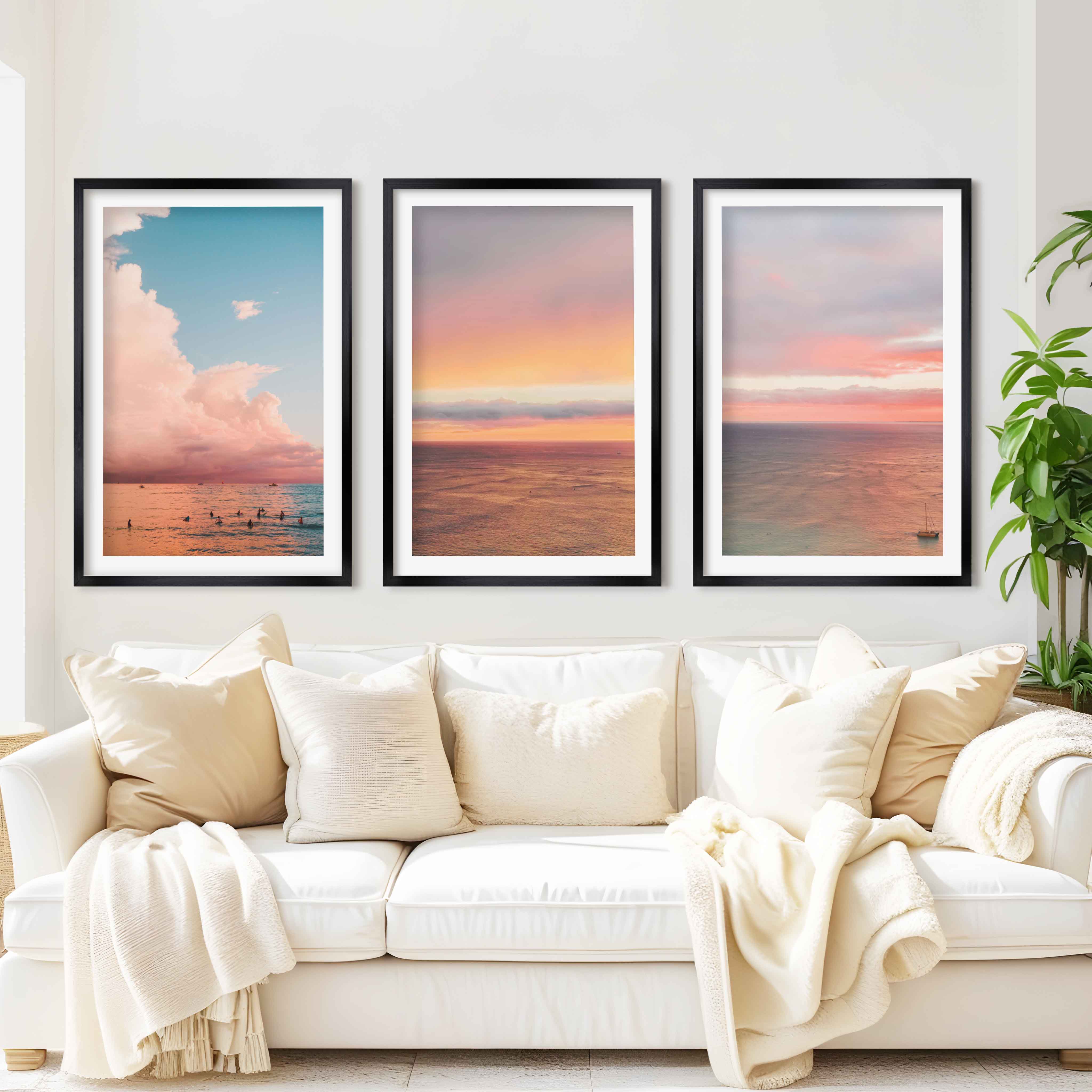 Nautical Art Decor – Sailboat, Pink Sunset & Ocean Calm (Set of 3) - Black Framed Poster with White Border - Artworksets