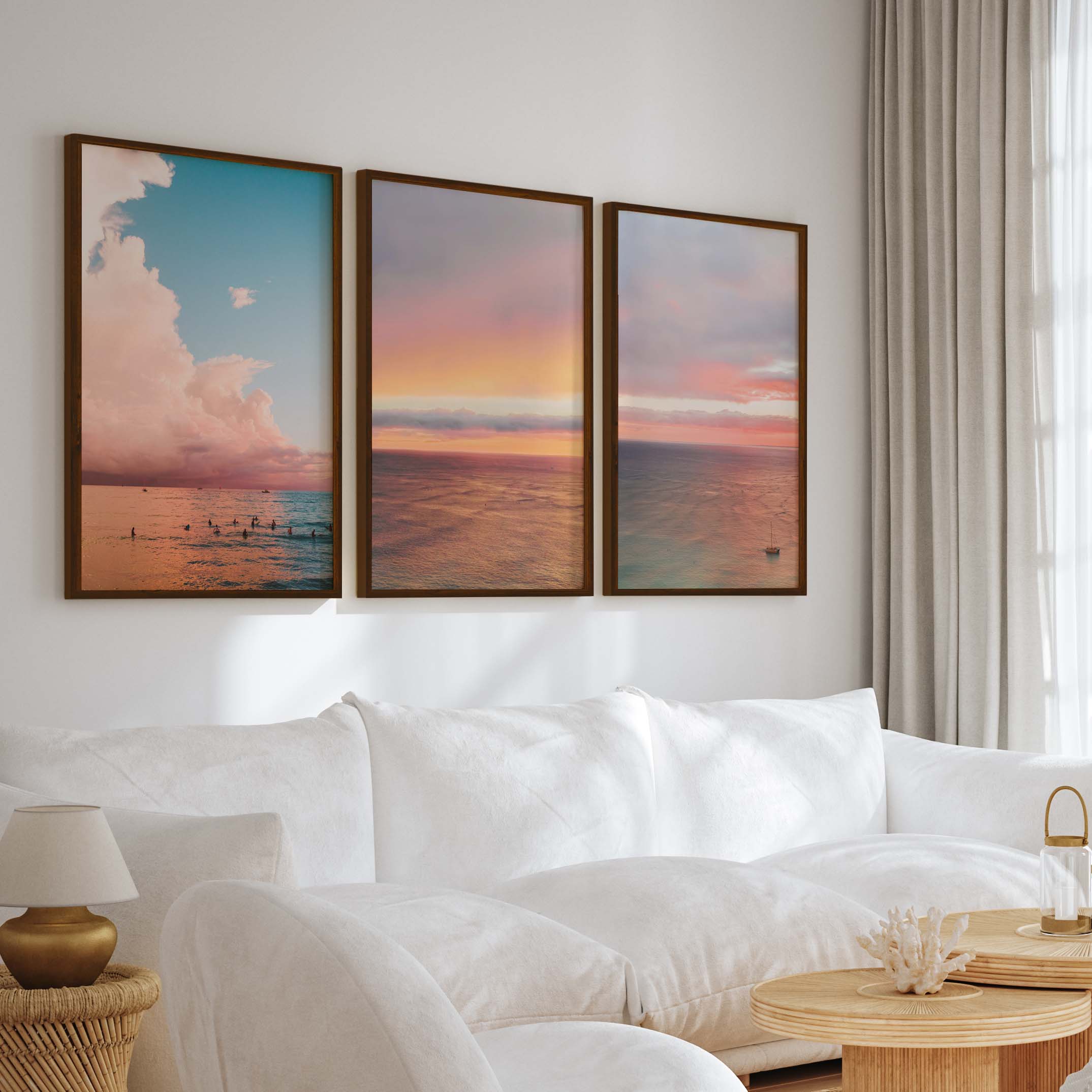Nautical Art Decor – Sailboat, Pink Sunset & Ocean Calm (Set of 3) - Dark Brown Framed Poster No Border - Artworksets