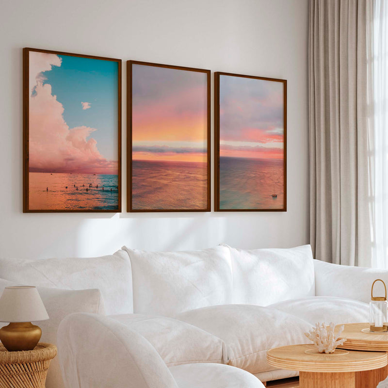 Nautical Art Decor – Sailboat, Pink Sunset & Ocean Calm (Set of 3) - Dark Brown Framed Poster No Border - Artworksets