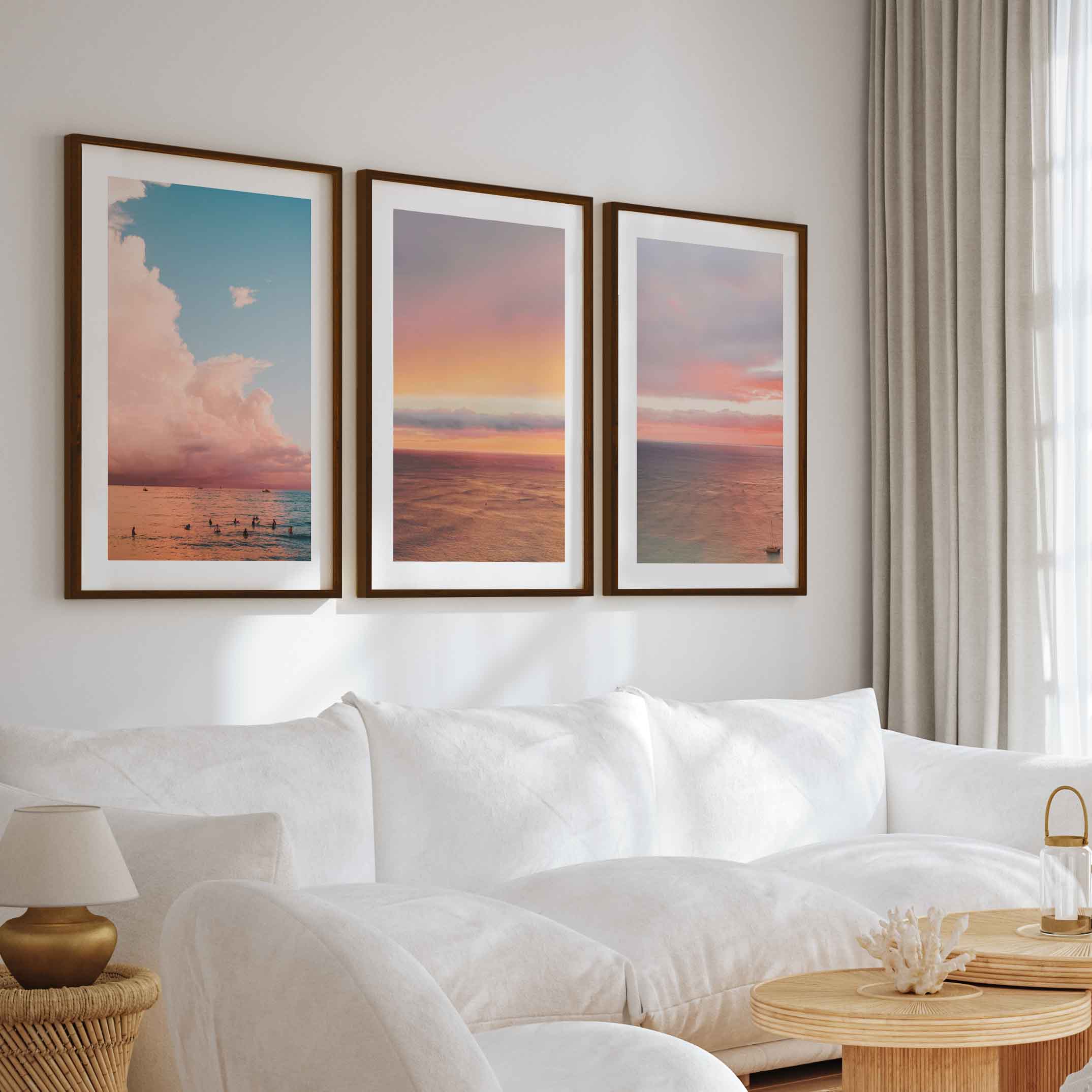 Nautical Art Decor – Sailboat, Pink Sunset & Ocean Calm (Set of 3) - Dark Brown Framed Poster with White Border - Artworksets