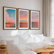 Nautical Art Decor – Sailboat, Pink Sunset & Ocean Calm (Set of 3) - Dark Brown Framed Poster with White Border - Artworksets