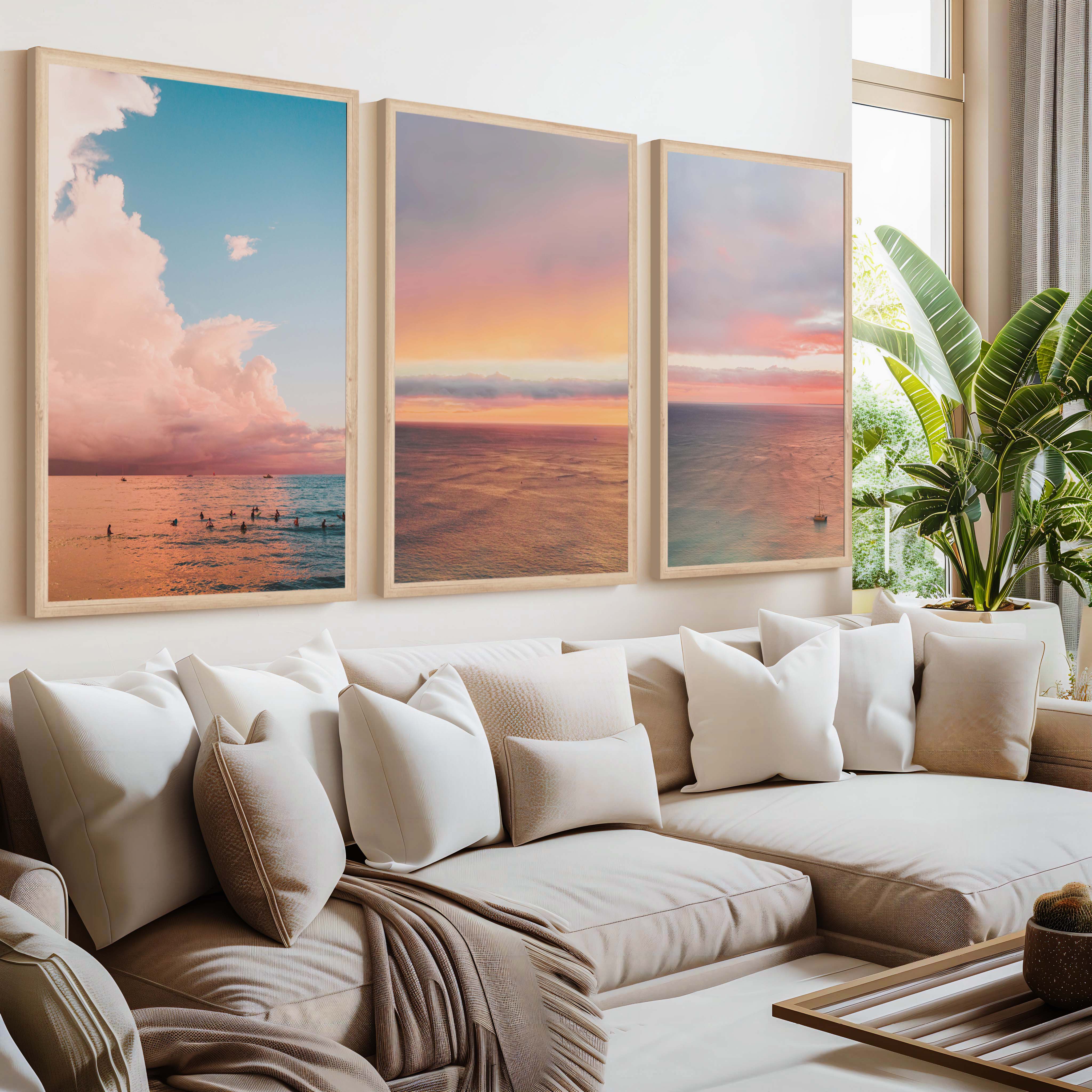 Nautical Art Decor – Sailboat, Pink Sunset & Ocean Calm (Set of 3) - Natural Wood Framed Poster No Border - Artworksets