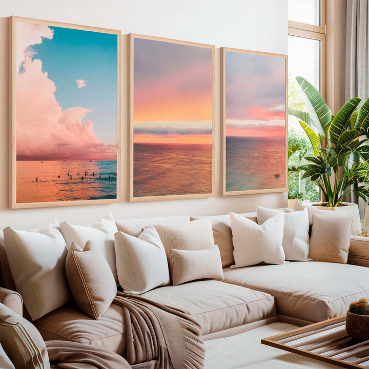 Nautical Art Decor – Sailboat, Pink Sunset & Ocean Calm (Set of 3) - Natural Wood Framed Poster No Border - Artworksets